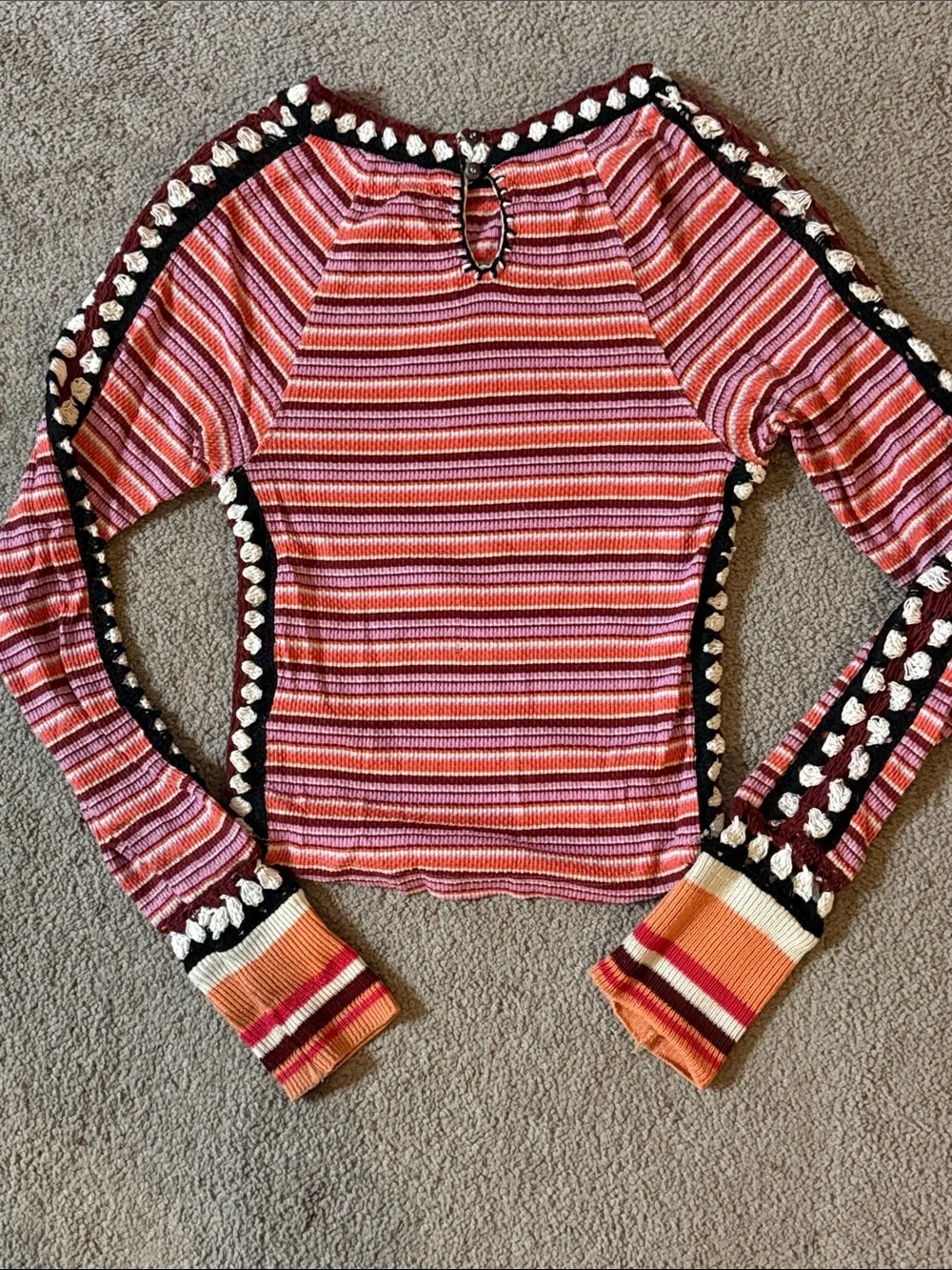 Free People Women’s Striped Pink Multi-Color Crochet Cropped Thermal Top!